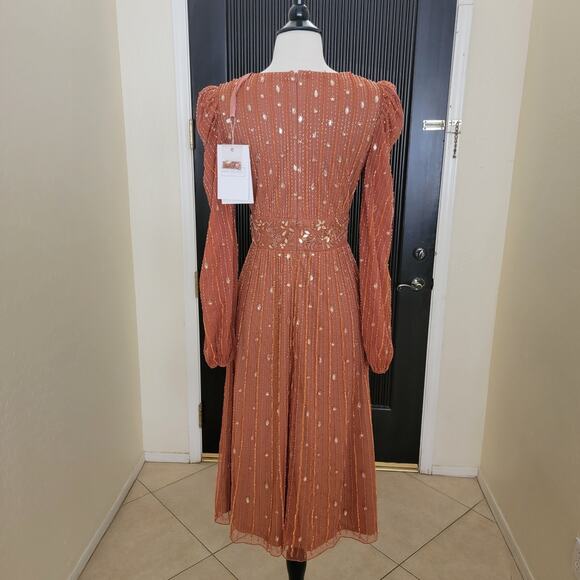 Mac Duggal 5593 Cognac Orange 4 Embellished V Neck Long Sleeve Evening Dress - Picture 12 of 15